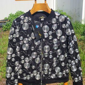 Joan Boyce, NWT, Med, Black silver metallic swirl Jacket